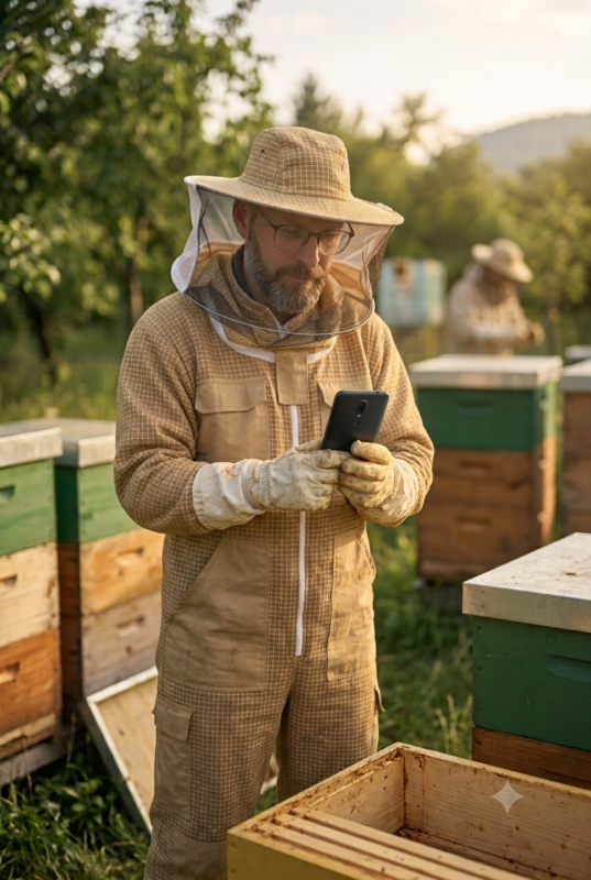 Imker mit Handy am Bienenstand